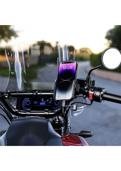 Mr Plus Motosiklet Telefon Tutucu Usb-C Şarjlı (Gidon ve Ayna Bağlantı Aparatlı)
