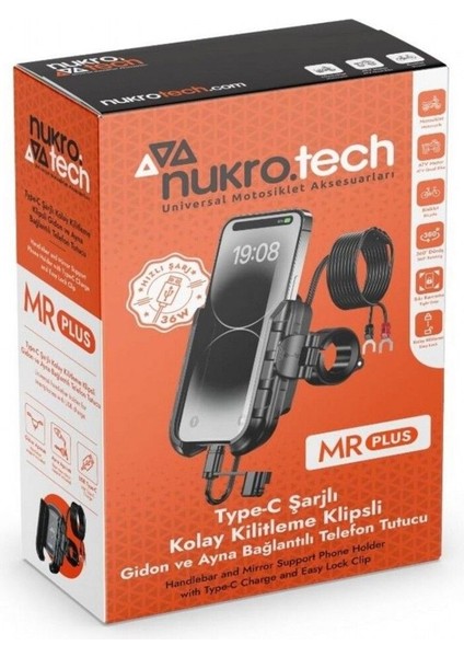Mr Plus Motosiklet Telefon Tutucu Usb-C Şarjlı (Gidon ve Ayna Bağlantı Aparatlı)