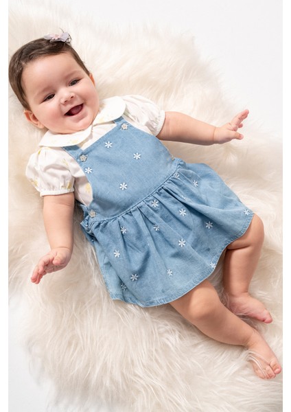 Fisto Yakalı Kısa Kollu Bluz Kombinli Çiçek Nakışlı Askılı Denim 2'li Kız Bebek Elbise
