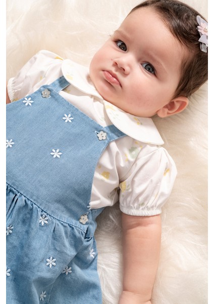 Fisto Yakalı Kısa Kollu Bluz Kombinli Çiçek Nakışlı Askılı Denim 2'li Kız Bebek Elbise