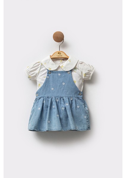 Fisto Yakalı Kısa Kollu Bluz Kombinli Çiçek Nakışlı Askılı Denim 2'li Kız Bebek Elbise