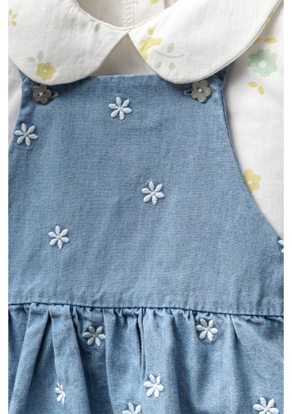 Fisto Yakalı Kısa Kollu Bluz Kombinli Çiçek Nakışlı Askılı Denim 2'li Kız Bebek Elbise