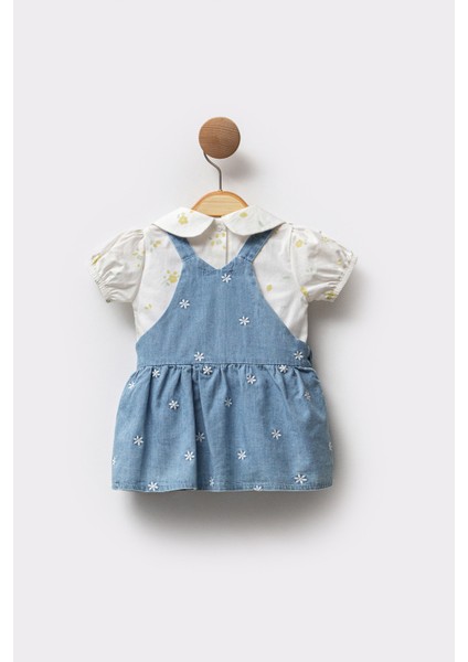 Fisto Yakalı Kısa Kollu Bluz Kombinli Çiçek Nakışlı Askılı Denim 2'li Kız Bebek Elbise