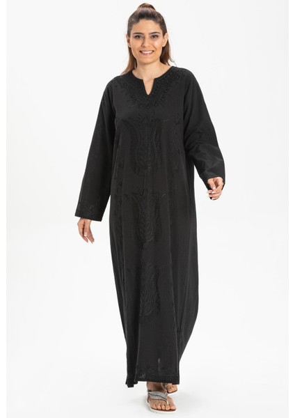 Uzun Kol Şile Bezi Simli Kaftan Midi Boy Yazlık Elbise Siyah Syh