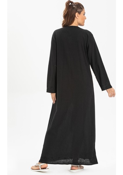 Uzun Kol Şile Bezi Simli Kaftan Midi Boy Yazlık Elbise Siyah Syh