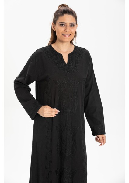 Uzun Kol Şile Bezi Simli Kaftan Midi Boy Yazlık Elbise Siyah Syh