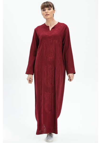 Uzun Kol Şile Bezi Simli Kaftan Midi Boy Yazlık Elbise Bordo Brd