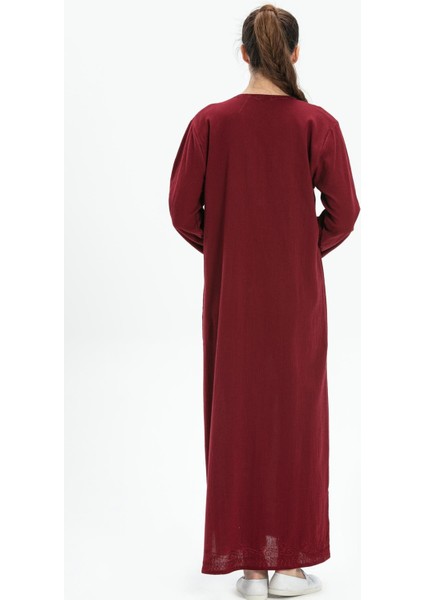 Uzun Kol Şile Bezi Simli Kaftan Midi Boy Yazlık Elbise Bordo Brd