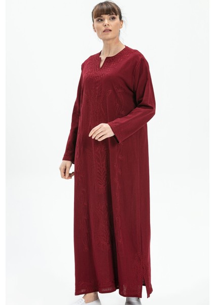 Uzun Kol Şile Bezi Simli Kaftan Midi Boy Yazlık Elbise Bordo Brd