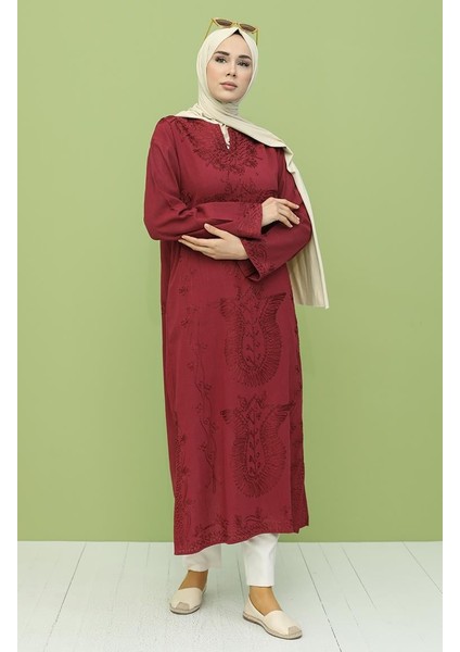 Uzun Kol Şile Bezi Simli Kaftan Midi Boy Yazlık Elbise Bordo Brd