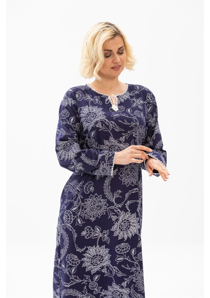 Uzun Kol Baskılı Elbise Çınar Desen Mor modelleri