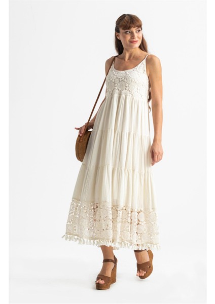 Askılı Şile Bezi Didem Uzun Yazlık Elbise Krem Krm