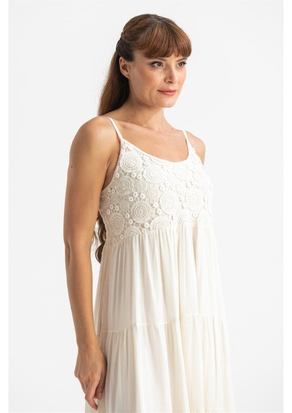 Askılı Şile Bezi Didem Uzun Yazlık Elbise Krem Krm modelleri