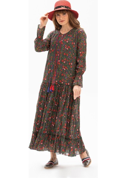 Uzun Kol Vual Gonca Uzun Yazlık Elbise Tomurcuk Desen Yeşil 6170