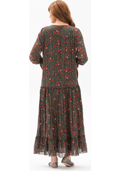 Uzun Kol Vual Gonca Uzun Yazlık Elbise Tomurcuk Desen Yeşil 6170 fiyatları