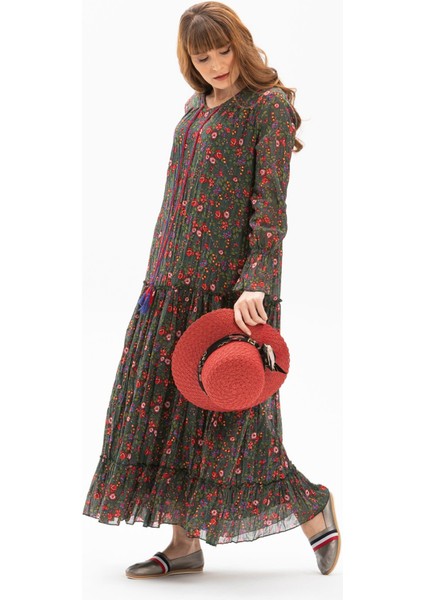 Uzun Kol Vual Gonca Uzun Yazlık Elbise Tomurcuk Desen Yeşil 6170 modelleri