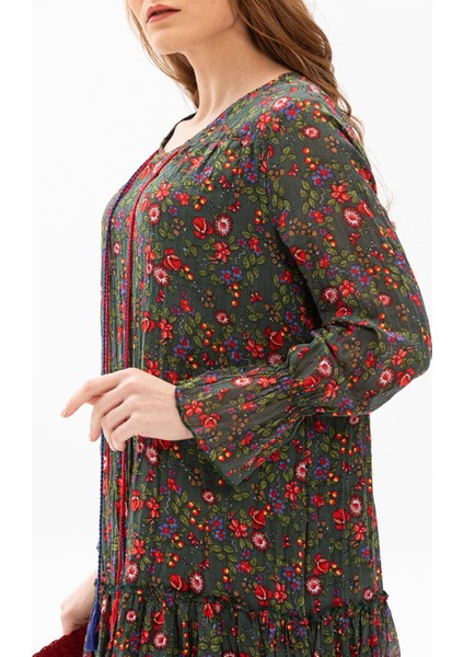 Uzun Kol Vual Gonca Uzun Yazlık Elbise Tomurcuk Desen Yeşil 6170 fırsatları