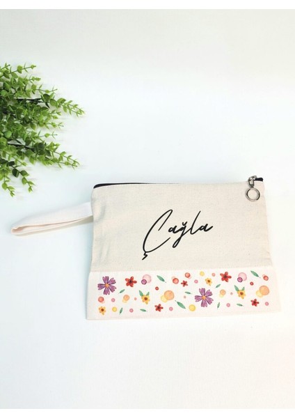 Isme Özel Kişiye Özel Renkli Çiçekli ve Yaprak Desenli Baskılı Clutch Kadın Bez Çanta Bez Makyaj Çantası