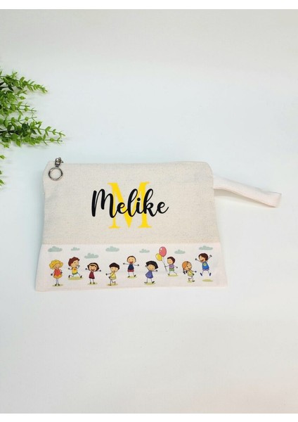 Isme Özel Kişiye Özel Sevimli Çocuk Figürlü Baskılı Clutch Kadın Bez Çanta Bez Makyaj Çantası