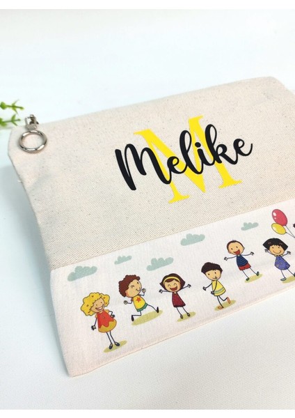 Isme Özel Kişiye Özel Sevimli Çocuk Figürlü Baskılı Clutch Kadın Bez Çanta Bez Makyaj Çantası