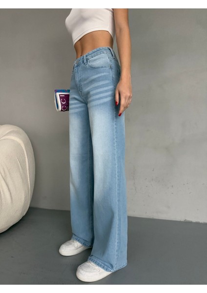 Kadın Yüksek Bel Soluk Efektli Vintage Palazzo Jeans