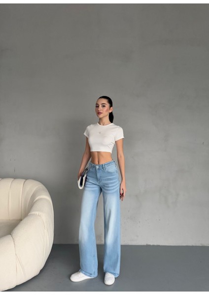 Kadın Yüksek Bel Soluk Efektli Vintage Palazzo Jeans fırsatları