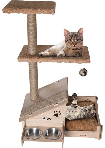 Çok Amaçlı Katlı Kedi Oyun Evi-İsim Baskılı-Ahşap MDF-Tırmalama Çubuklu-Kahverengi-Çelik Kase-2*350