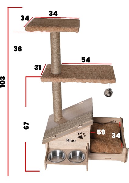 Çok Amaçlı Katlı Kedi Oyun Evi-İsim Baskılı-Ahşap MDF-Tırmalama Çubuklu-Kahverengi-Çelik Kase-2*350 fiyatları