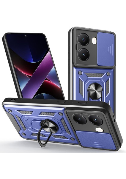 Poco X7 Pro Kılıf Magnetik Standlı Kamera Korumalı Tkgn Sürgülü Veega Kapak - Mavi