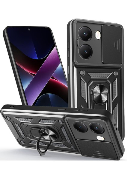 Poco X7 Pro Kılıf Magnetik Standlı Kamera Korumalı Tkgn Sürgülü Veega Kapak - Mavi