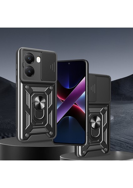 Poco X7 Pro Kılıf Magnetik Standlı Kamera Korumalı Tkgn Sürgülü Veega Kapak - Mavi