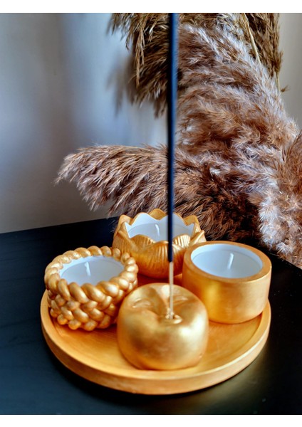 Gold Renk 5'li Set (16 cm Sunum Tepsisi + 3 Mum + Tütsülük) Hediye Tütsü