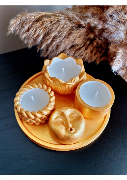 Gold Renk 5'li Set (16 cm Sunum Tepsisi + 3 Mum + Tütsülük) Hediye Tütsü fiyatları