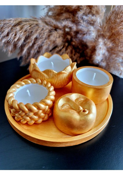 Gold Renk 5'li Set (16 cm Sunum Tepsisi + 3 Mum + Tütsülük) Hediye Tütsü modelleri