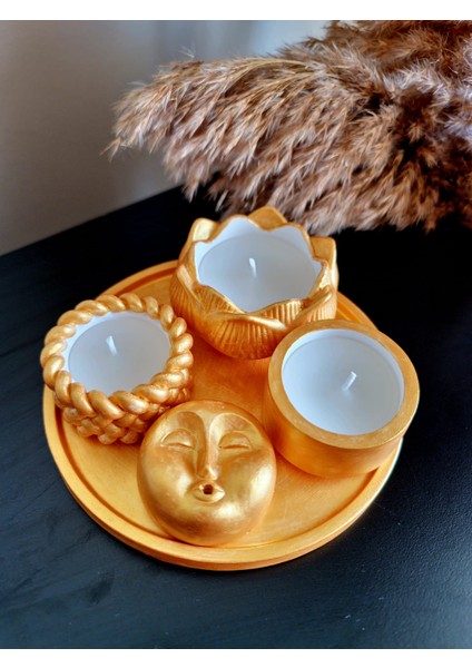 Gold Renk 5'li Set (16 cm Sunum Tepsisi + 3 Mum + Tütsülük) Hediye Tütsü fırsatları