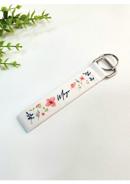 Isme Özel Kişiye Özel Mavi Yaprak ve Pembe Çiçek Desenli Kumaş Anahtarlık