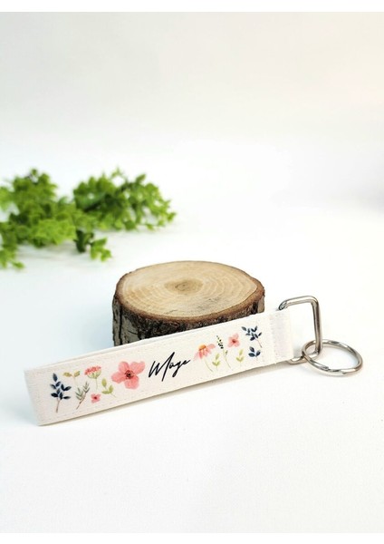 Isme Özel Kişiye Özel Mavi Yaprak ve Pembe Çiçek Desenli Kumaş Anahtarlık fiyatları