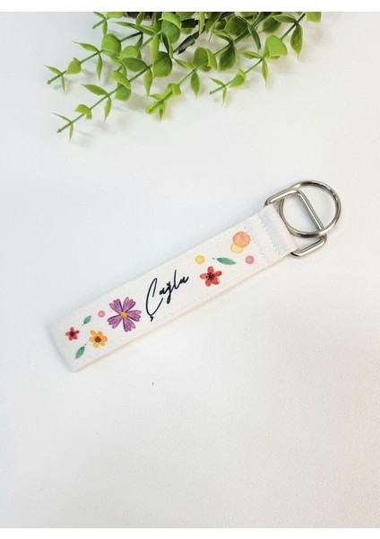 Isme Özel Kişiye Özel Renkli Çiçekli ve Yaprak Desenli Kumaş Anahtarlık