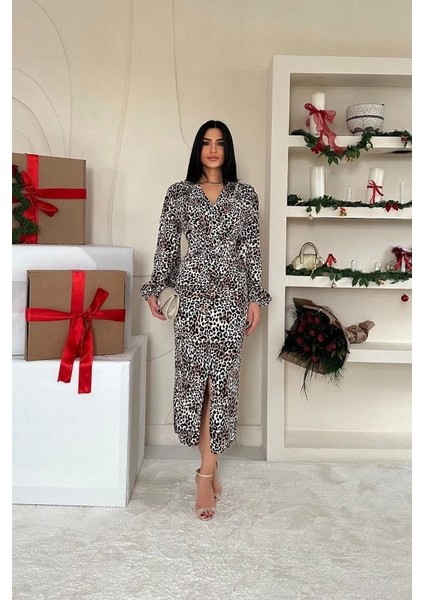 Leopar Önü Yırtmaçlı V Yaka Elbise modelleri