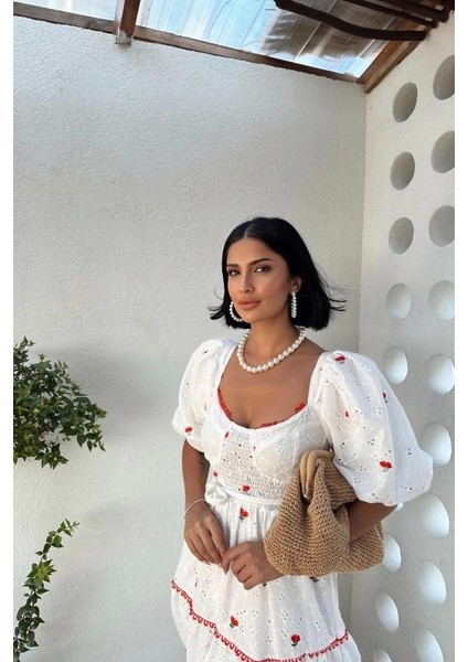 Nar Çiçeği Dantel Detaylı Brode Elbise fiyatları