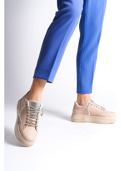 Softflex Bağcıklı Taşlı Ortopedik Kadın Sneaker - Ten