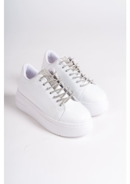 Softflex Bağcıklı Taşlı Ortopedik Kadın Sneaker - Beyaz