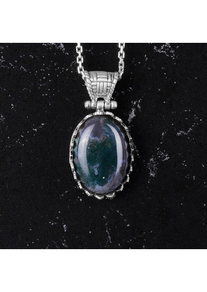 Doğal Taş Kolye - 925 Ayar Gümüş Kolye (Moss Agate)