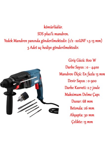 Sds Plus Darbeli Matkap 800 W Metal Beton Ahşap Kömürlü Delme Kırıcı Delici 2.7 Joule Pnömatik fiyatları