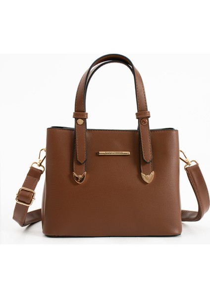 Kadın Uzun Askılı 4 Bölmeli Gold Aksesuarlı Taba Omuz ve El Çantası