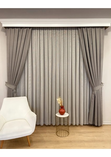 Brillant Bej-Gri Renk Modern Dokulu Örme 1/3 Sık Pile Tül Perde modelleri