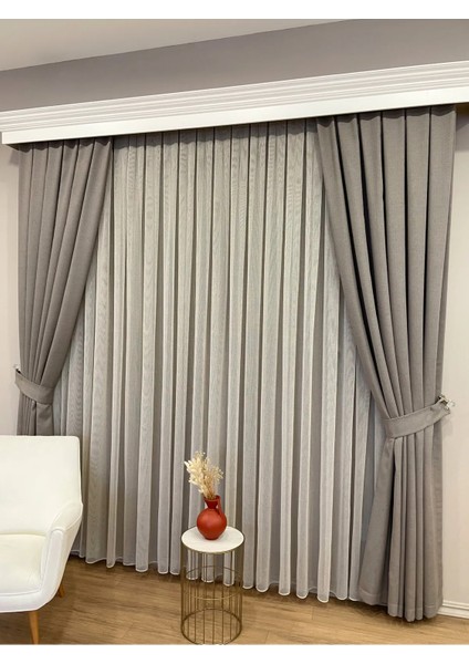 Brillant Bej-Gri Renk Modern Dokulu Örme 1/3 Sık Pile Tül Perde fırsatları