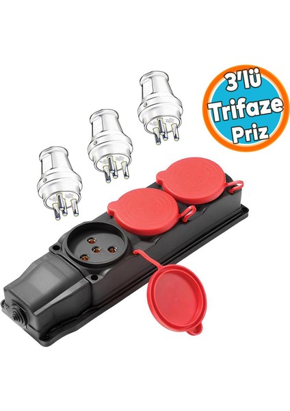 Kapaklı Trifaze Klemensli Grup Priz 3'lü Çoğaltıcı Kablosuz Kauçuklu Sanayi Tipi 3'lü Elektrik Prizi