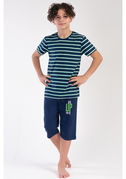 Erkek Çocuk Kaprili Pijama Takımı Pamuk Çizgili Baskılı A6