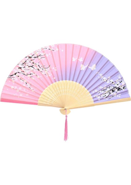 Yelpaze Bambu Kumaş Serinletici Vintage Pembe/lila Bahar Dalı Şık Dekorasyon Püsküllü Japon Yelpaze 0235